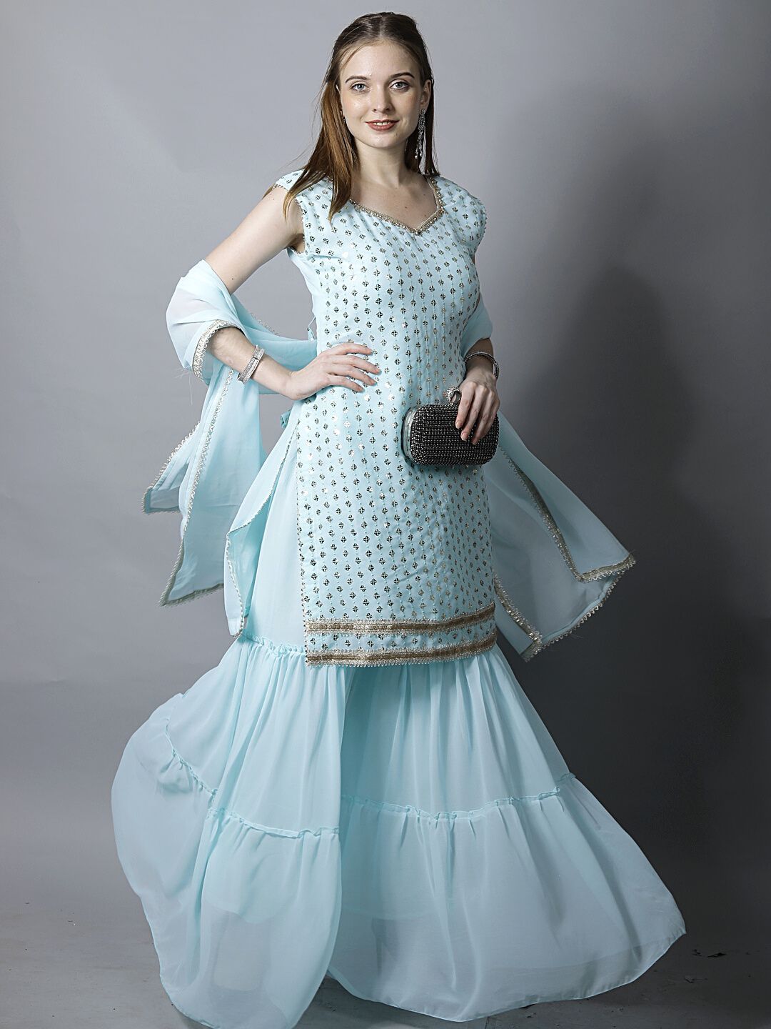 Pastel Blue Sequin Embroidered Georgette Kurta with Layered Sharara