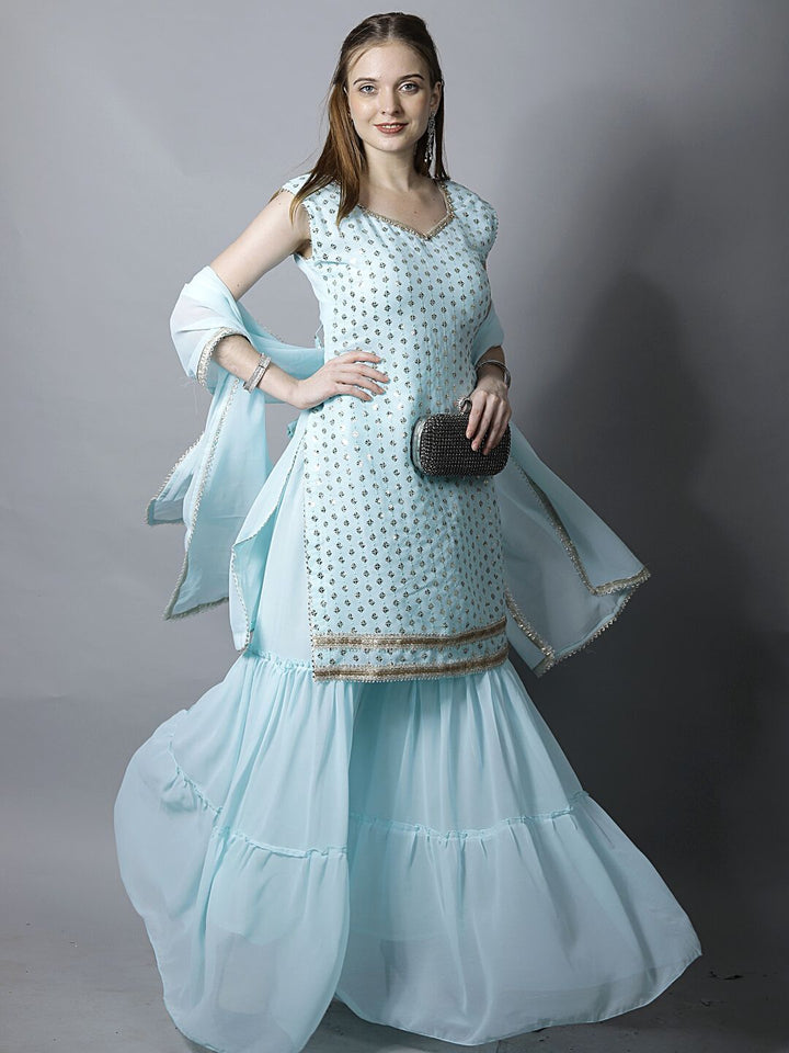 Pastel Blue Sequin Embroidered Georgette Kurta with Layered Sharara