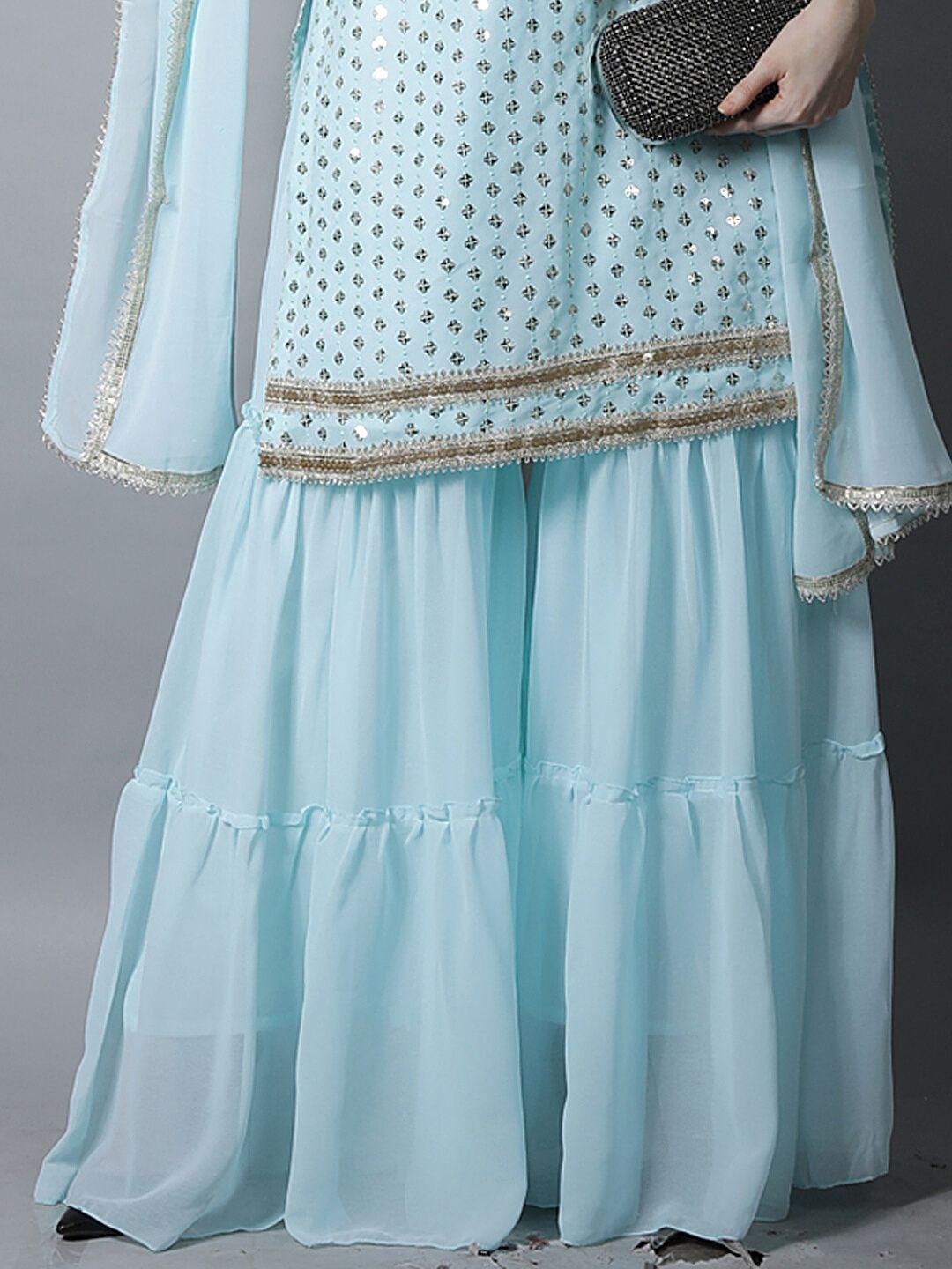 Pastel Blue Sequin Embroidered Georgette Kurta with Layered Sharara
