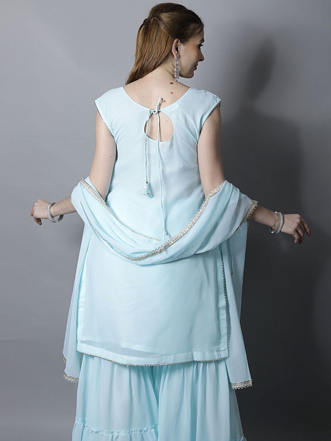 Pastel Blue Sequin Embroidered Georgette Kurta with Layered Sharara