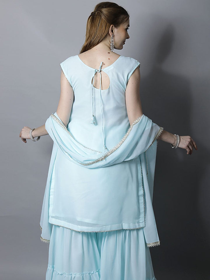 Pastel Blue Sequin Embroidered Georgette Kurta with Layered Sharara