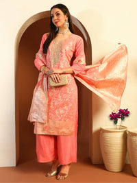 Chhabra 555 Zari Woven Sequinned Straight Suit with Zardozi Embroidery & Tasseled Chanderi Dupatta