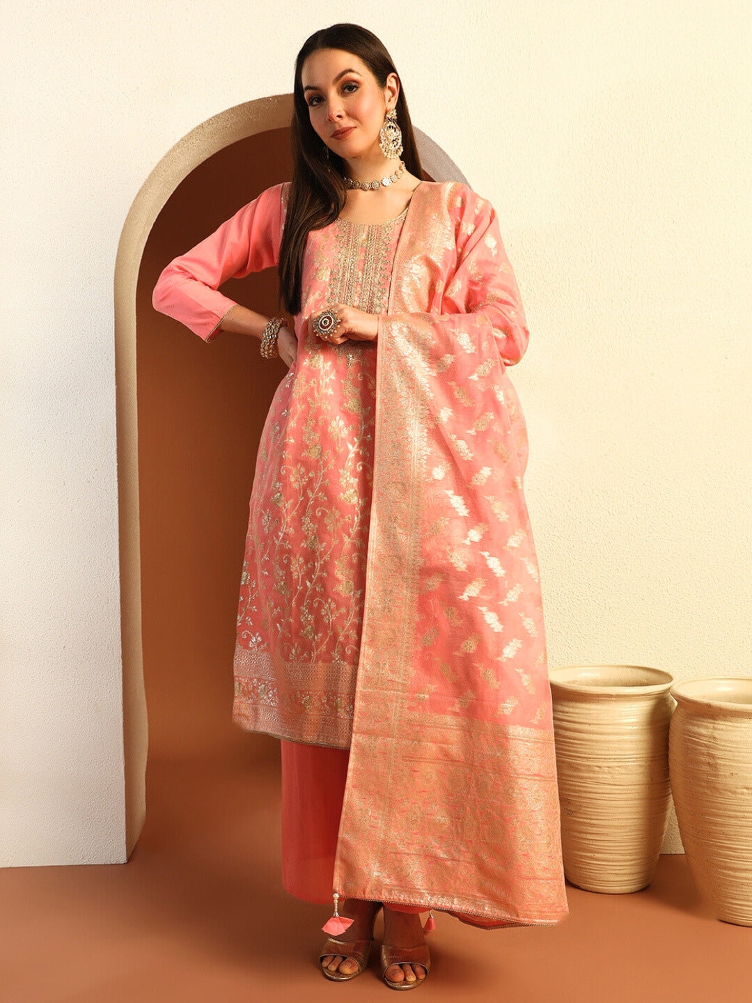 Zari Woven Sequinned Straight Suit with Zardozi Embroidery & Tasseled Chanderi Dupatta