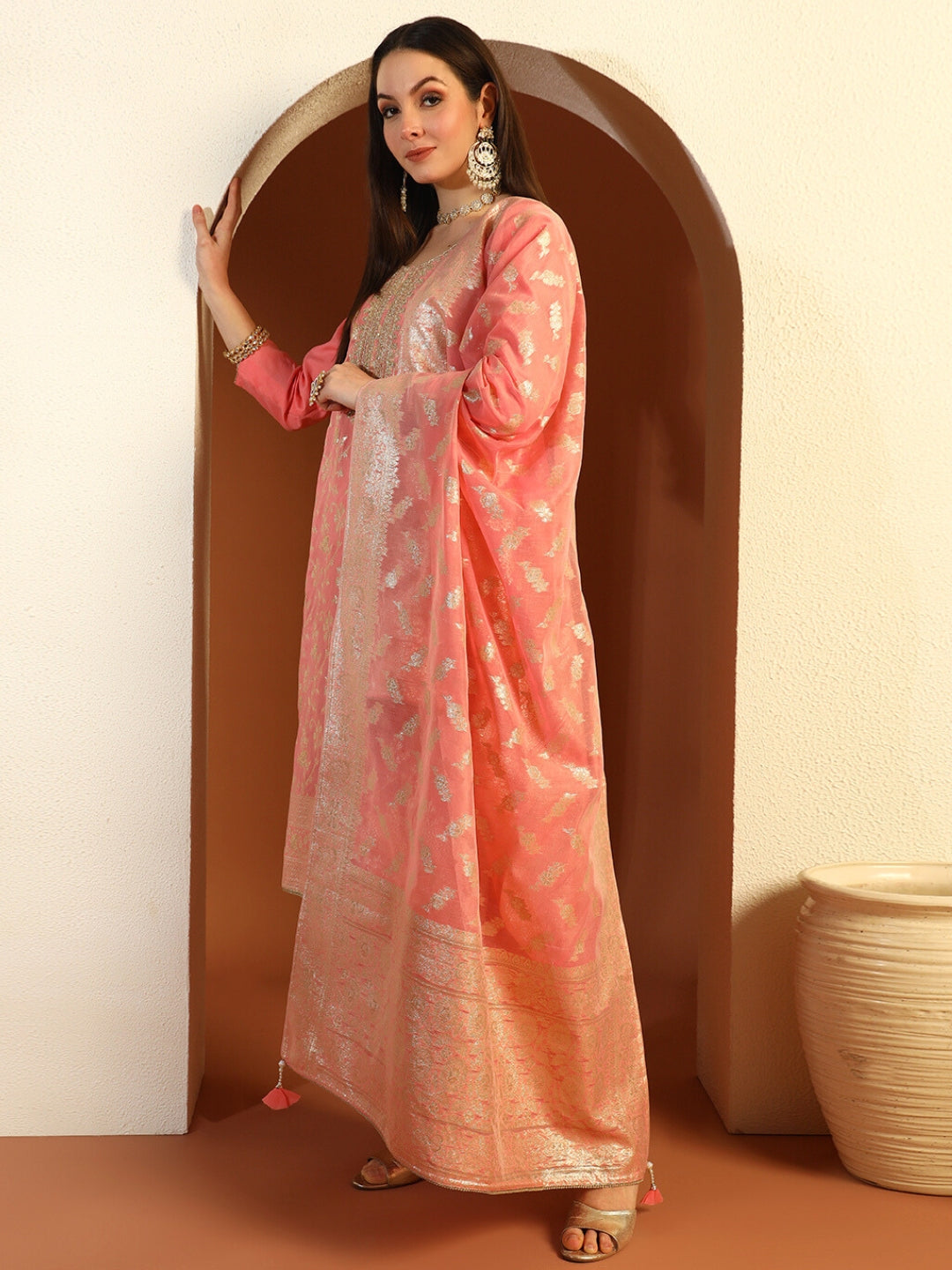 Zari Woven Sequinned Straight Suit with Zardozi Embroidery & Tasseled Chanderi Dupatta