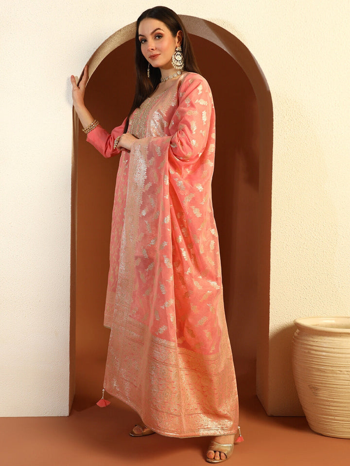 Zari Woven Sequinned Straight Suit with Zardozi Embroidery & Tasseled Chanderi Dupatta