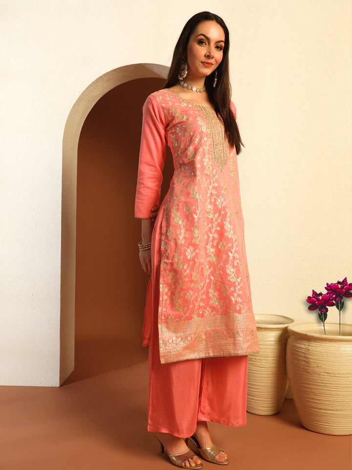 Zari Woven Sequinned Straight Suit with Zardozi Embroidery & Tasseled Chanderi Dupatta