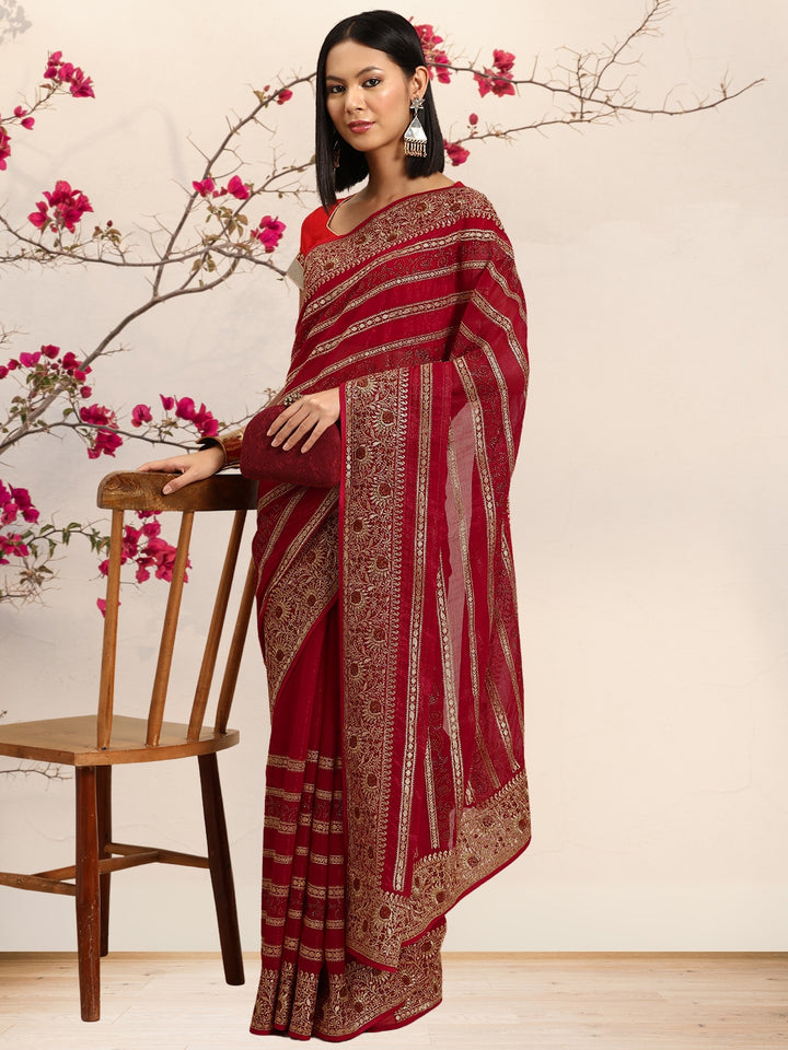 Red Gold Aari Thread Embroidery & Swarovski Georgette Saree