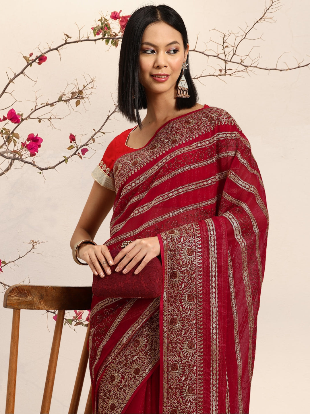 Red Gold Aari Thread Embroidery & Swarovski Georgette Saree