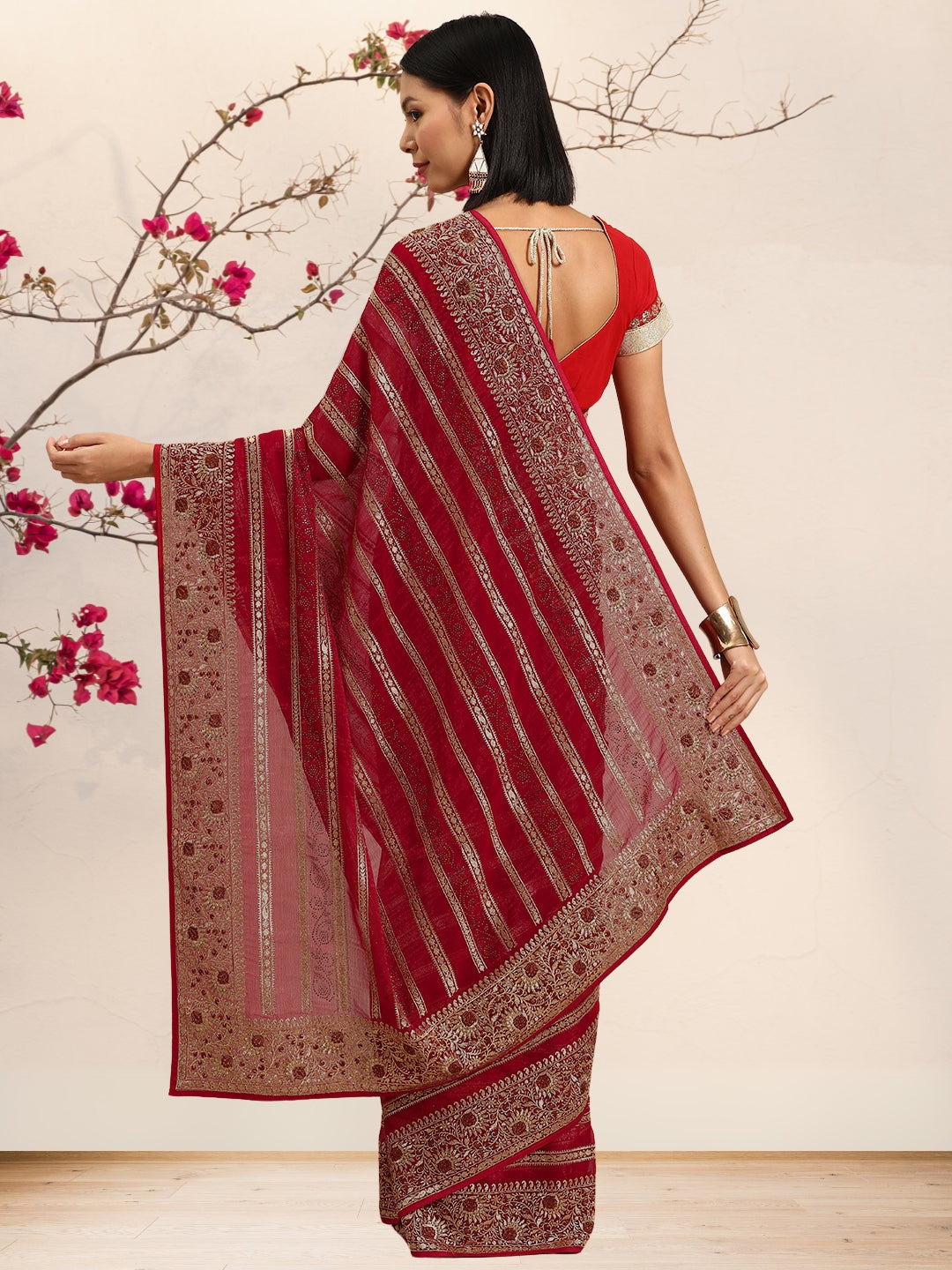 Red Gold Aari Thread Embroidery & Swarovski Georgette Saree