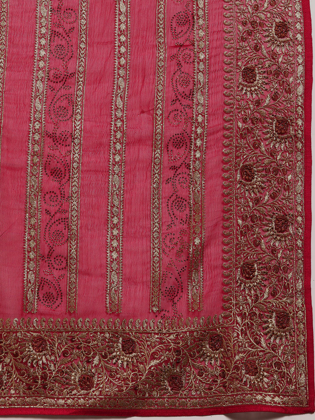 Red Gold Aari Thread Embroidery & Swarovski Georgette Saree