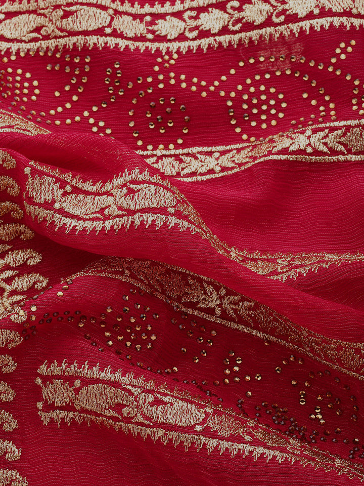 Red Gold Aari Thread Embroidery & Swarovski Georgette Saree