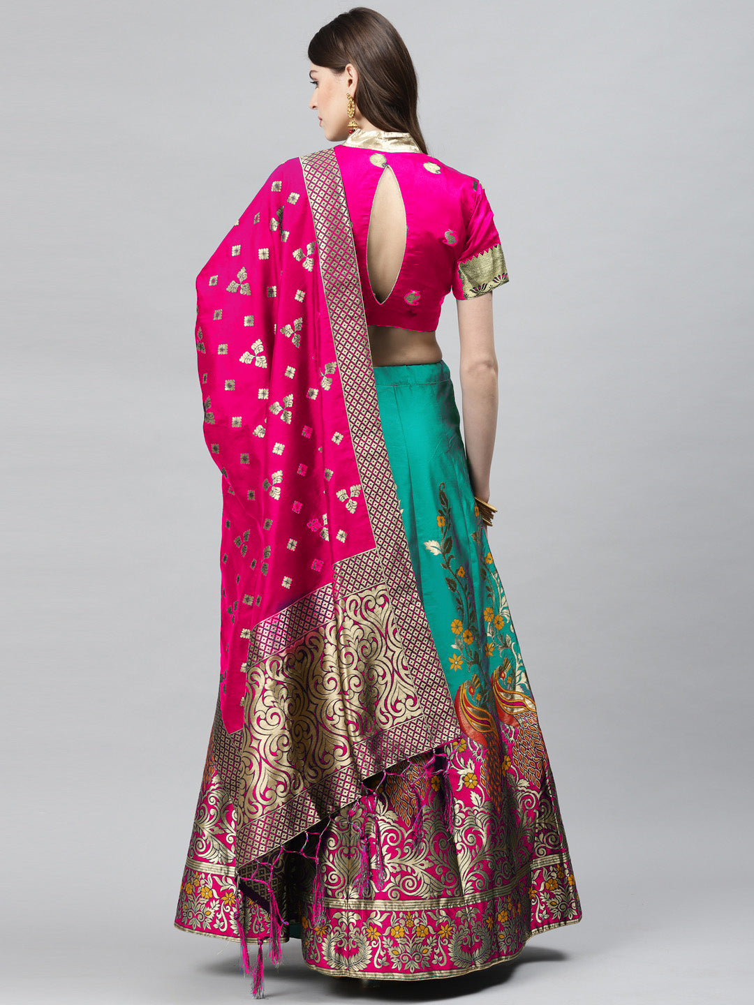 Magenta Pink & Turquoise Dyed Semi Stitched Banarasi Lehenga Choli Set