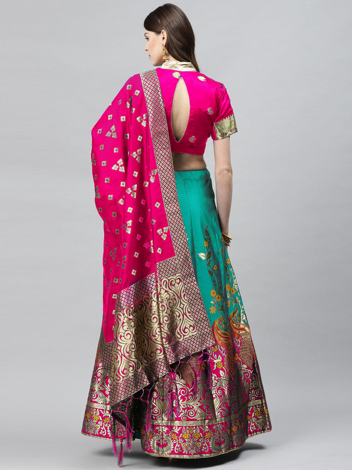 Magenta Pink & Turquoise Dyed Semi Stitched Banarasi Lehenga Choli Set