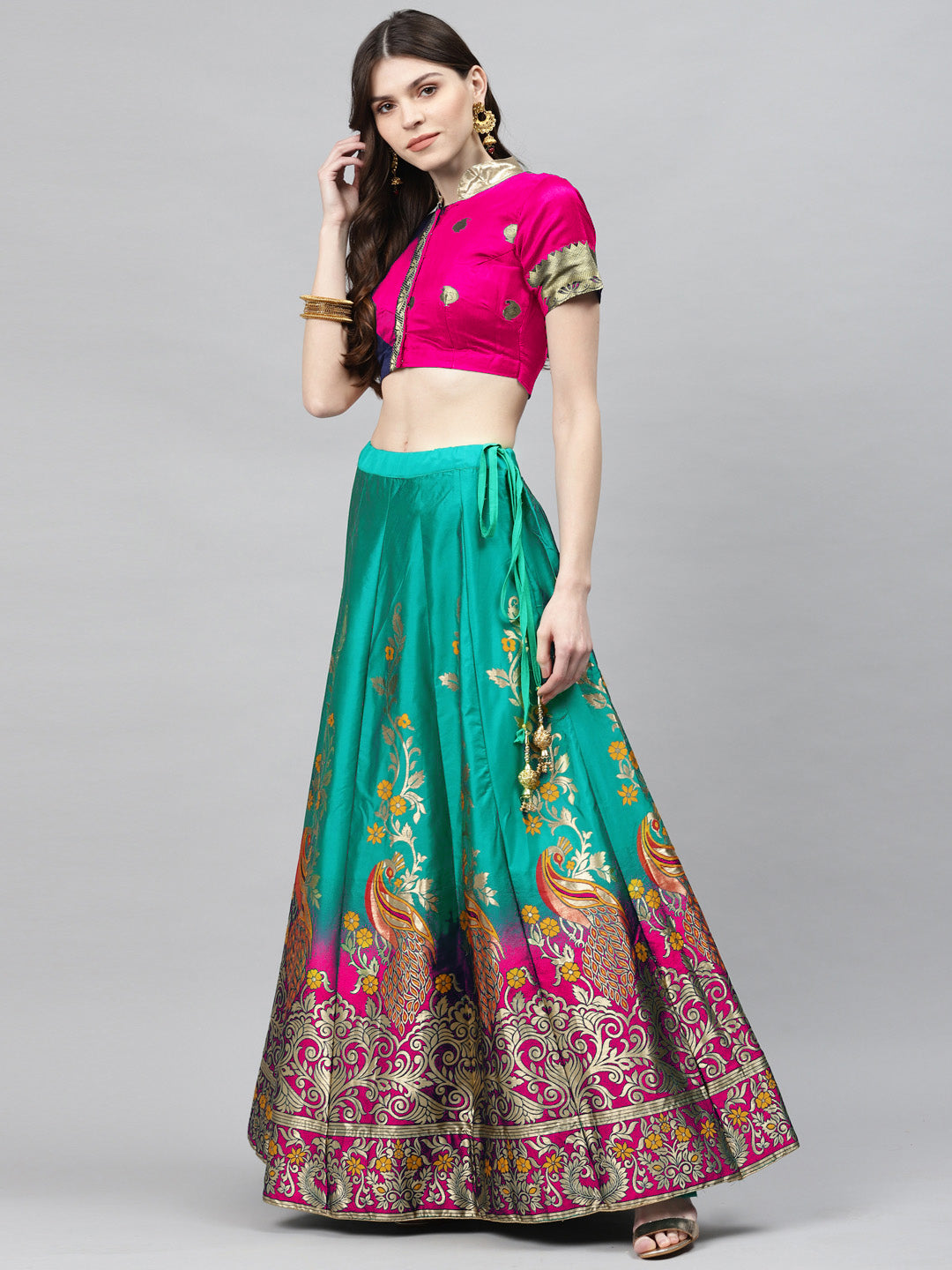 Magenta Pink & Turquoise Dyed Semi Stitched Banarasi Lehenga Choli Set