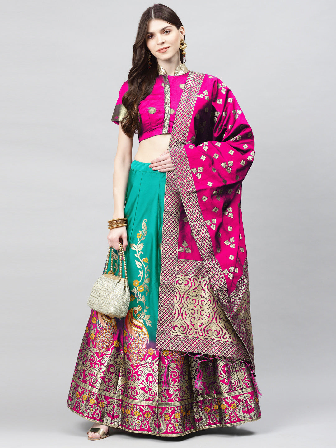 Magenta Pink & Turquoise Dyed Semi Stitched Banarasi Lehenga Choli Set
