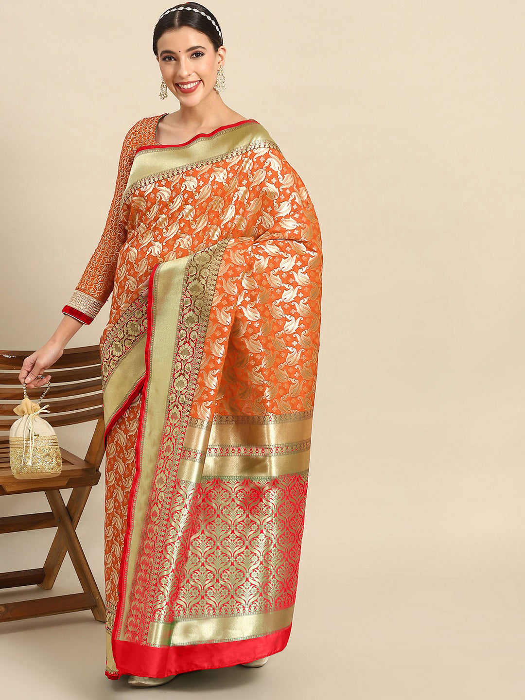 Orange Woven Design Handloom Banarasi Art Silk Saree