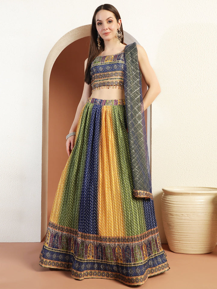 Chhabra 555 Multicolor Ombre Bandhani Lehenga with Embellished Tasseled Choli & Sequinned Dupatta