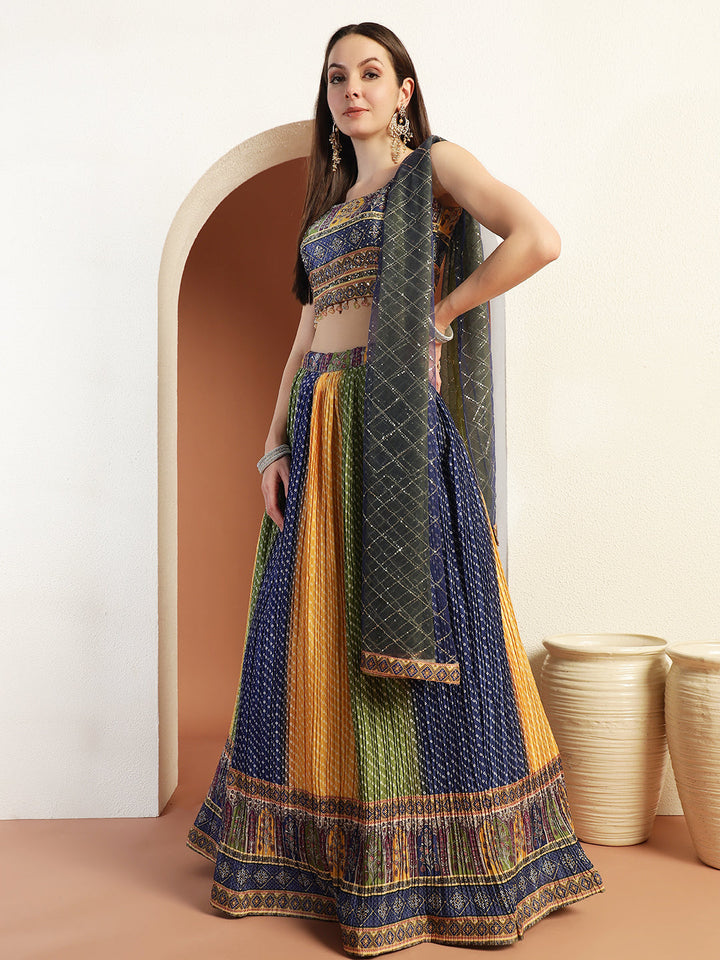 Chhabra 555 Multicolor Ombre Bandhani Lehenga with Embellished Tasseled Choli & Sequinned Dupatta