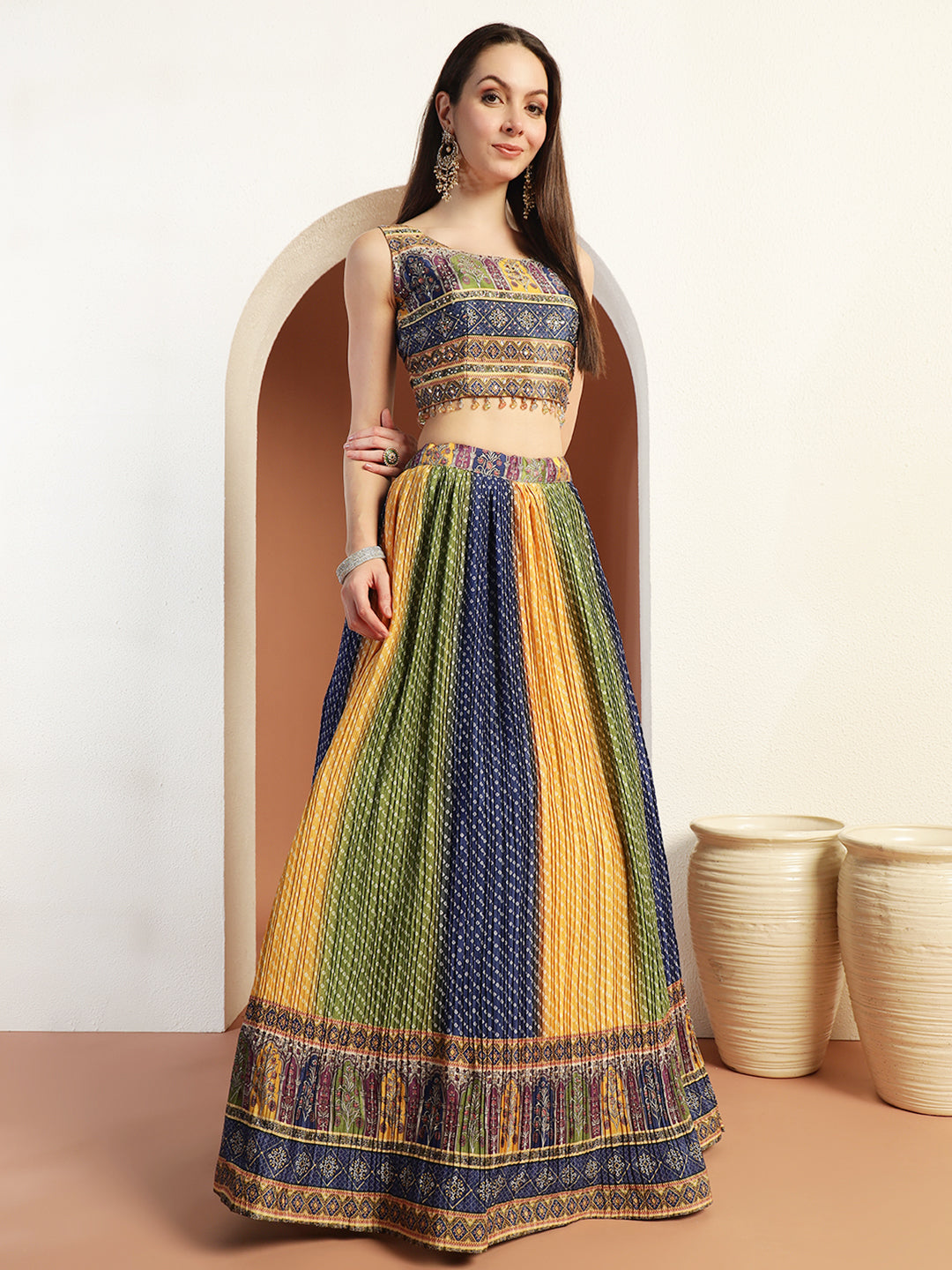 Chhabra 555 Multicolor Ombre Bandhani Lehenga with Embellished Tasseled Choli & Sequinned Dupatta