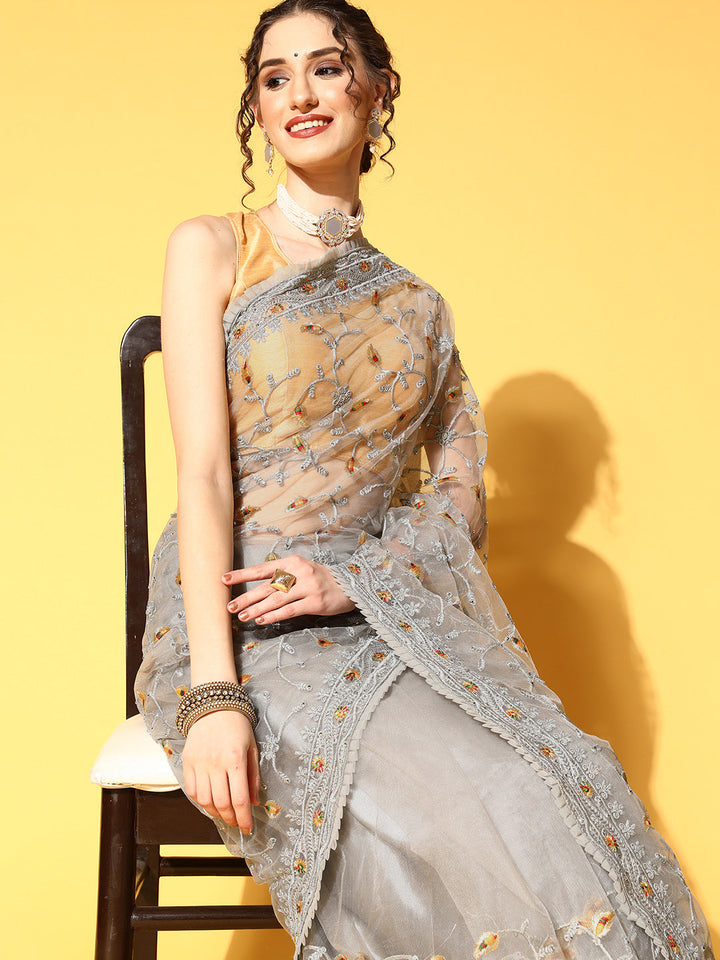 Embellished Summer Net Saree with Pleated Border & Resham Embroidery