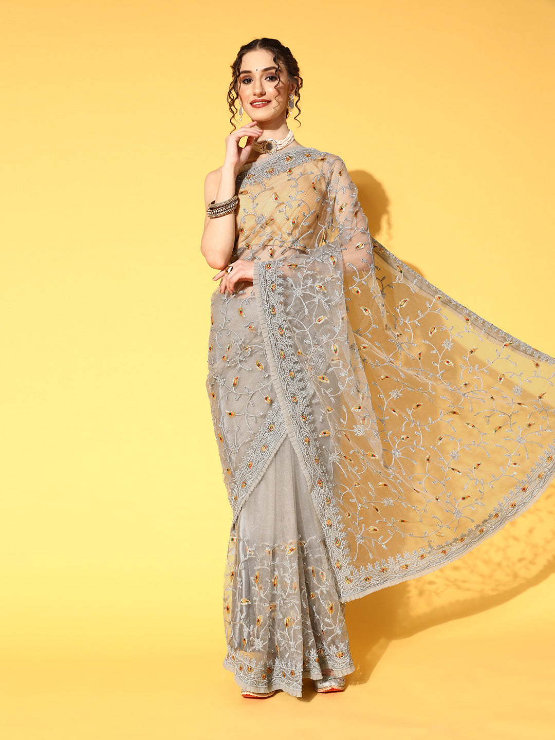Embellished Summer Net Saree with Pleated Border & Resham Embroidery