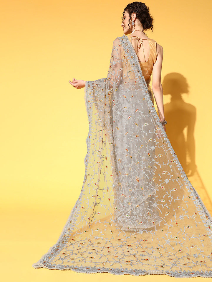 Embellished Summer Net Saree with Pleated Border & Resham Embroidery