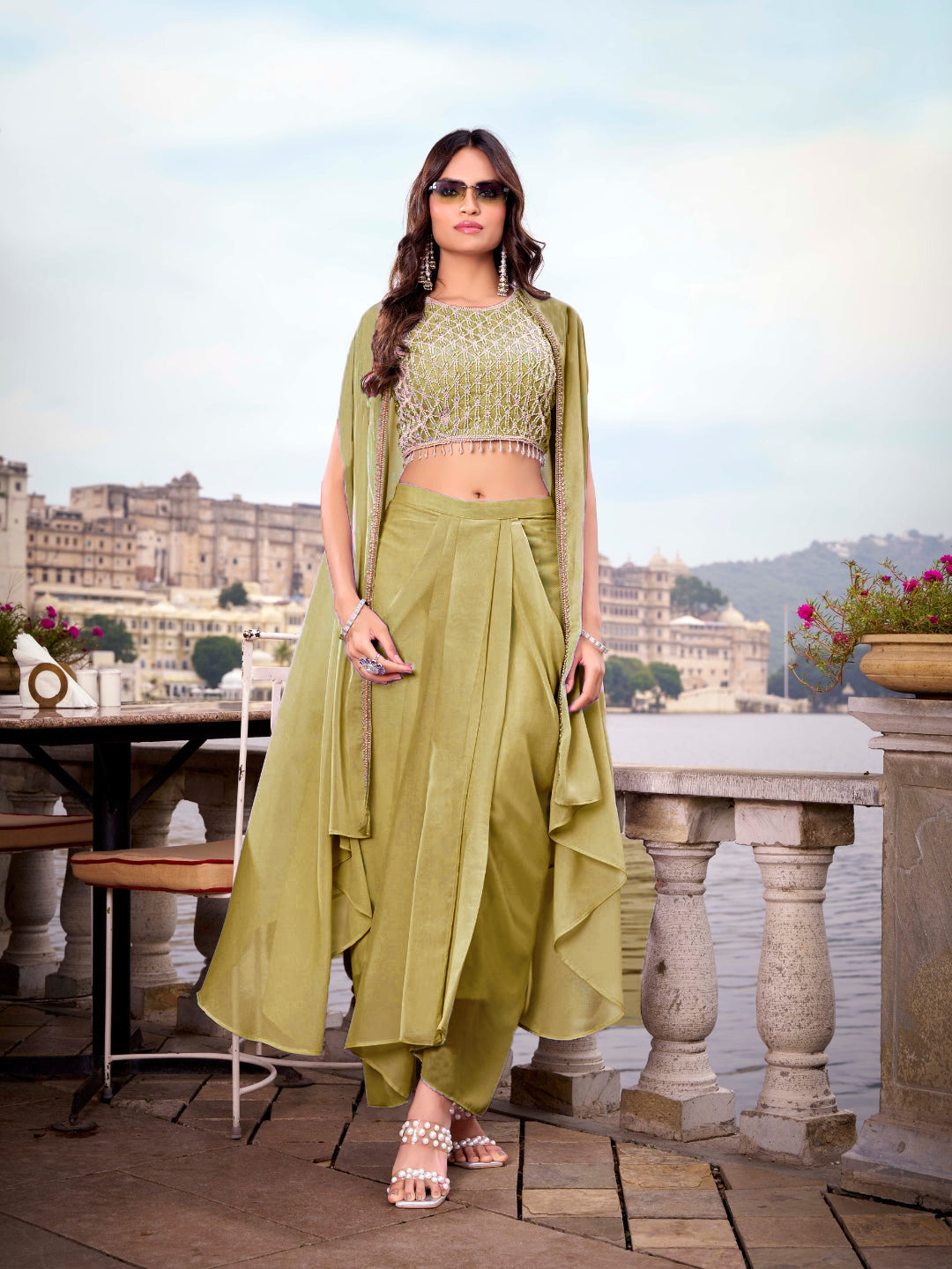 Designer Co-Ord Set with Sequin Hand Embroidery & Draped Dhoti Skirt