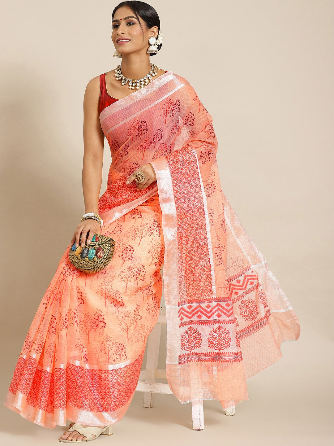 Pastel Peach Printed Floral Summerish Kota Cotton Saree