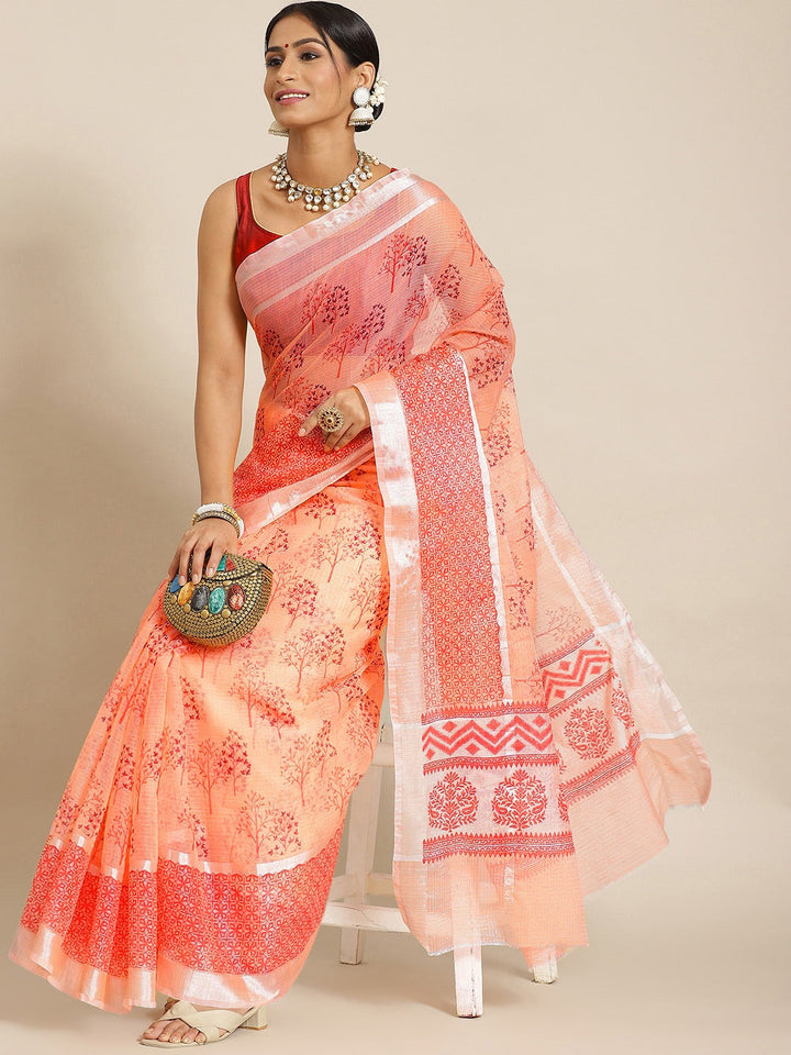 Pastel Peach Printed Floral Summerish Kota Cotton Saree