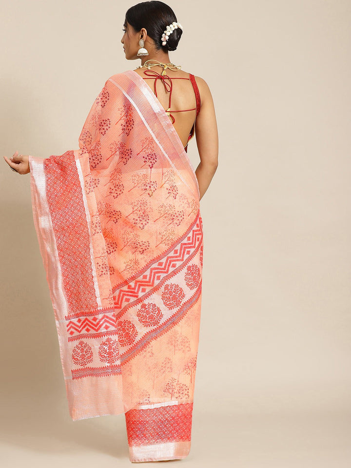 Pastel Peach Printed Floral Summerish Kota Cotton Saree