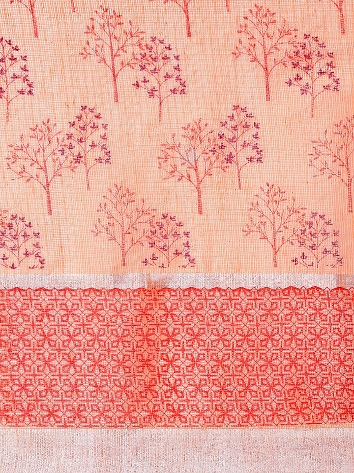 Pastel Peach Printed Floral Summerish Kota Cotton Saree