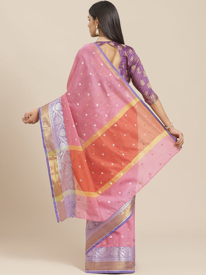 Handloom Chanderi SIlk Saree with Striped print and Gold and Silver Zari weaving