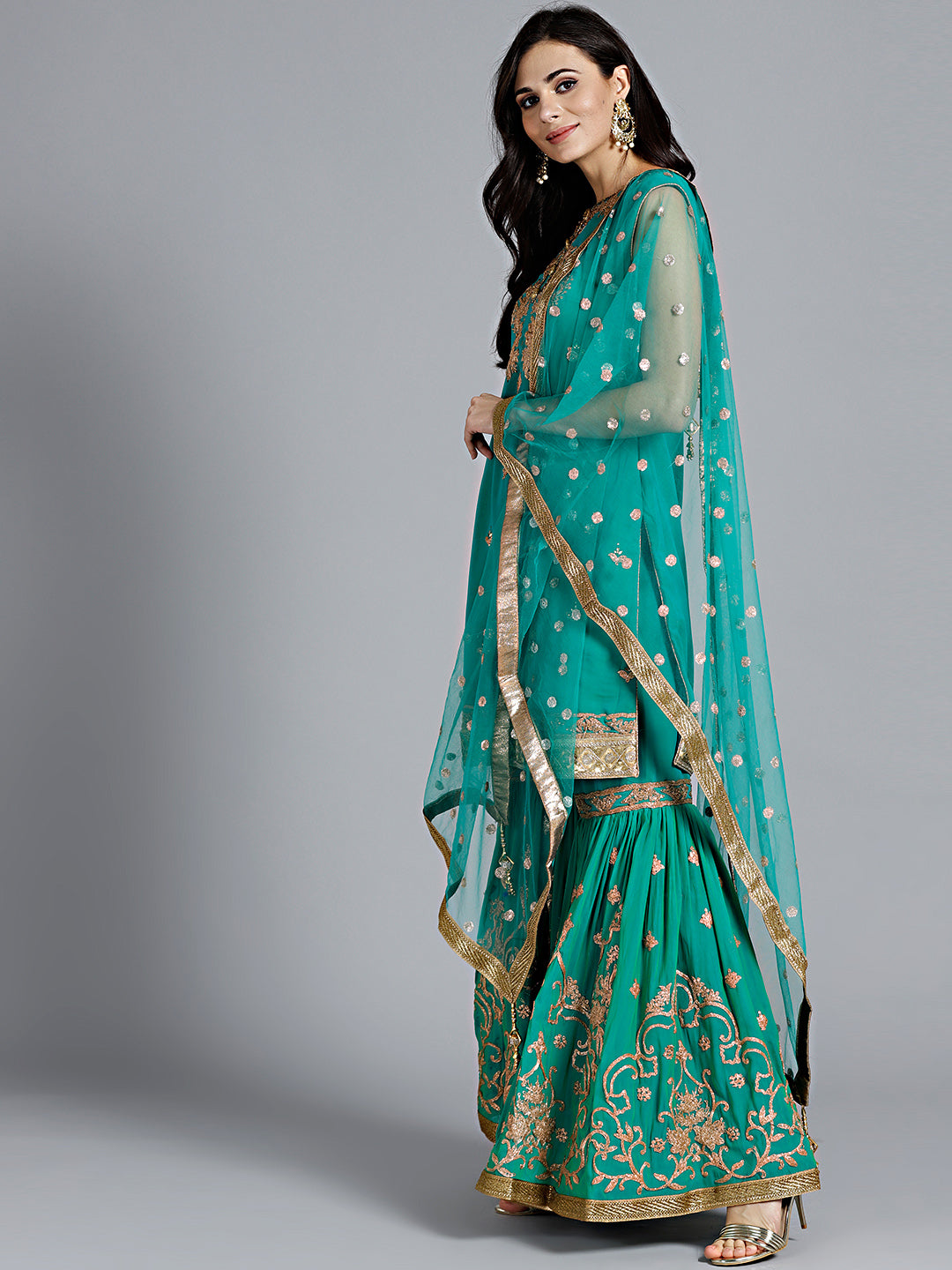 Kundan Embellished Zari Embroidered Sharara Kurta Set