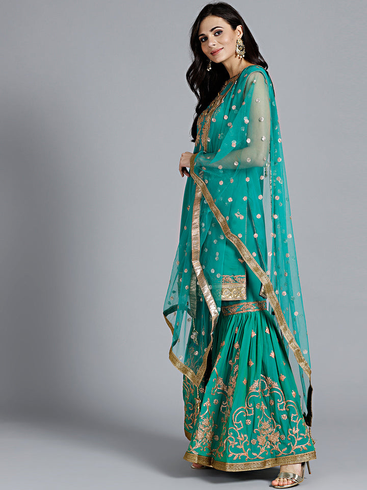 Kundan Embellished Zari Embroidered Sharara Kurta Set