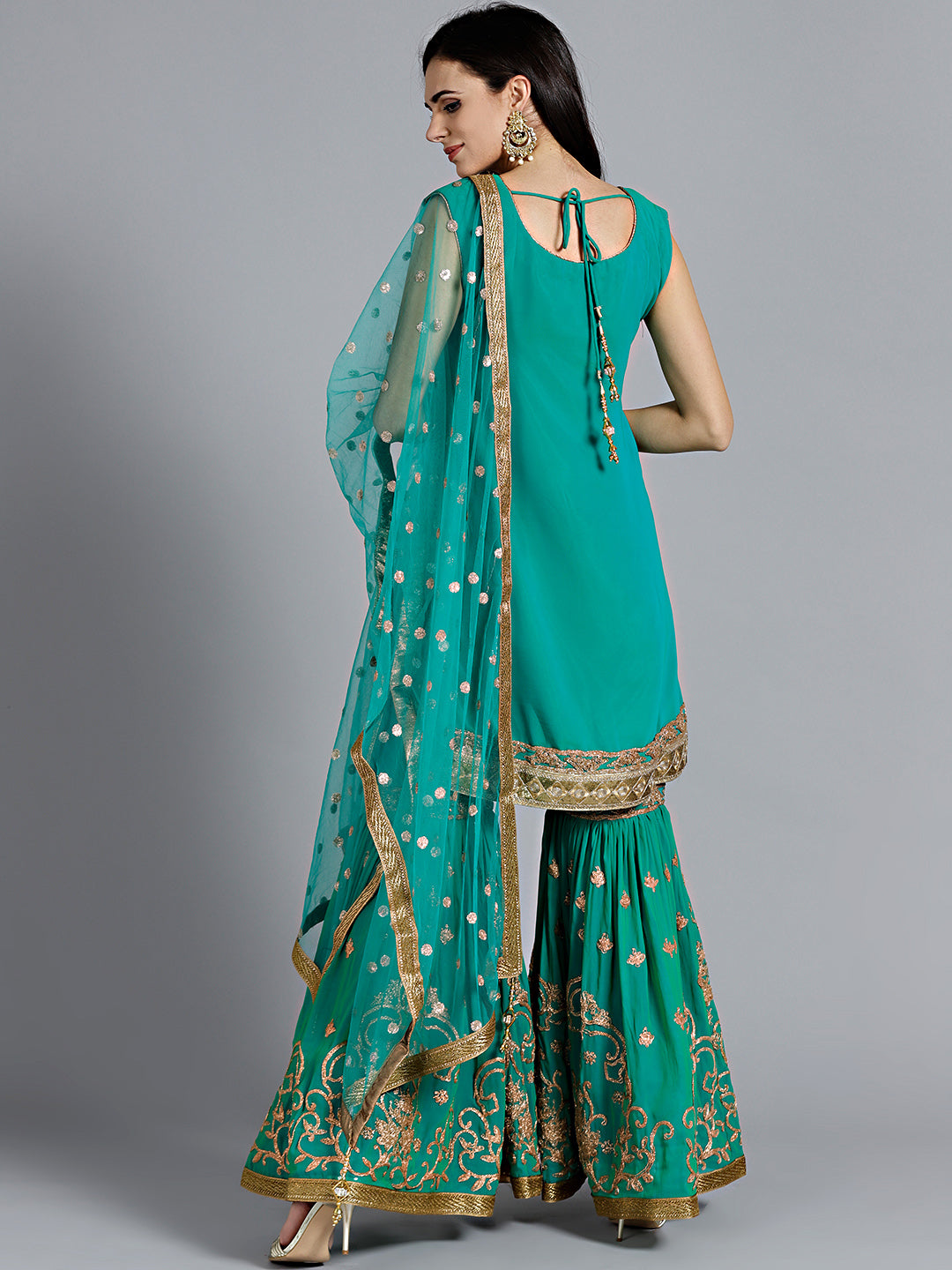 Kundan Embellished Zari Embroidered Sharara Kurta Set