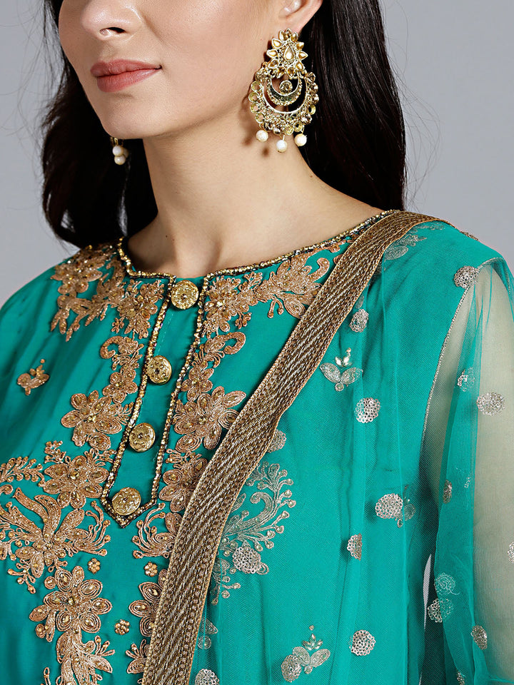 Kundan Embellished Zari Embroidered Sharara Kurta Set