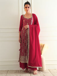 Chhabra 555 Reddish Pink High Slit Georgette Kurta Set with Zari Embroidery & Flared Palazzo