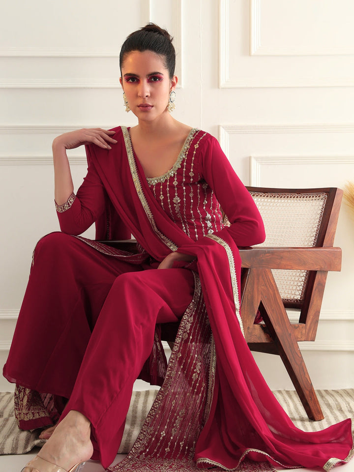 Reddish Pink High Slit Georgette Kurta Set with Zari Embroidery & Flared Palazzo