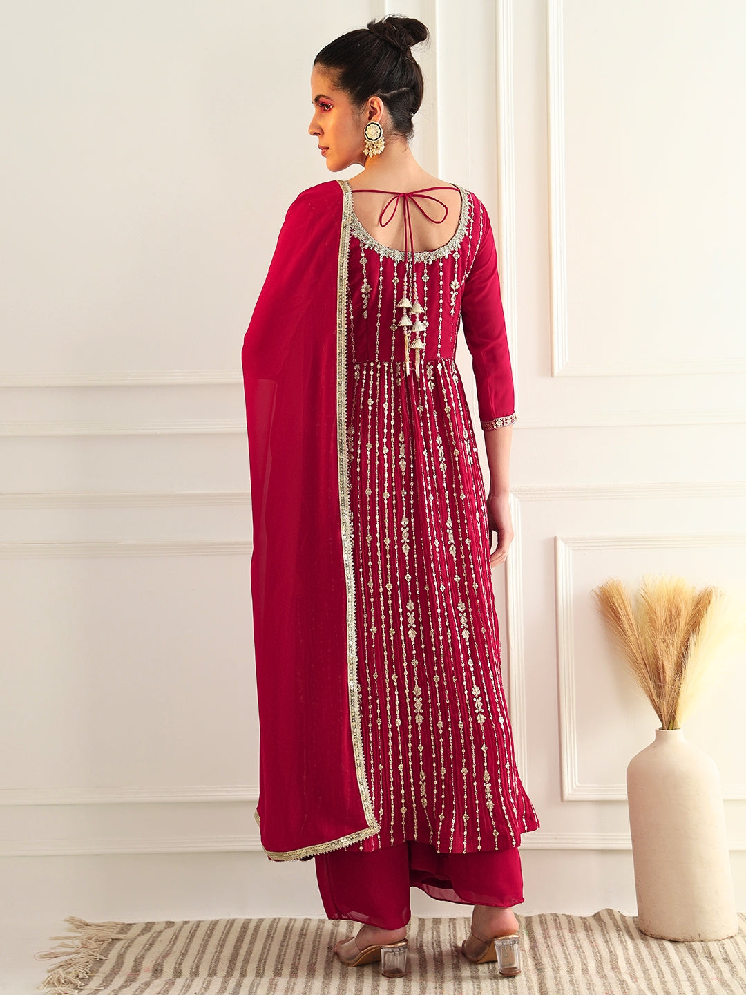 Reddish Pink High Slit Georgette Kurta Set with Zari Embroidery & Flared Palazzo