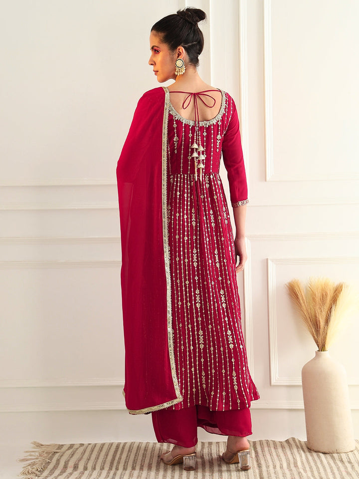 Reddish Pink High Slit Georgette Kurta Set with Zari Embroidery & Flared Palazzo