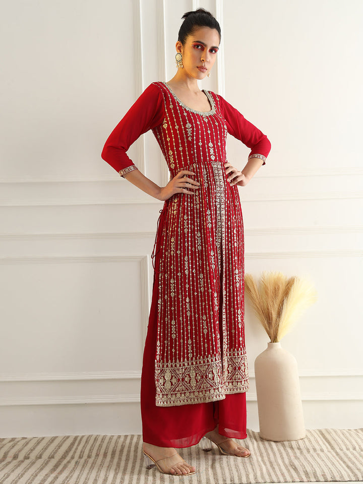 Reddish Pink High Slit Georgette Kurta Set with Zari Embroidery & Flared Palazzo