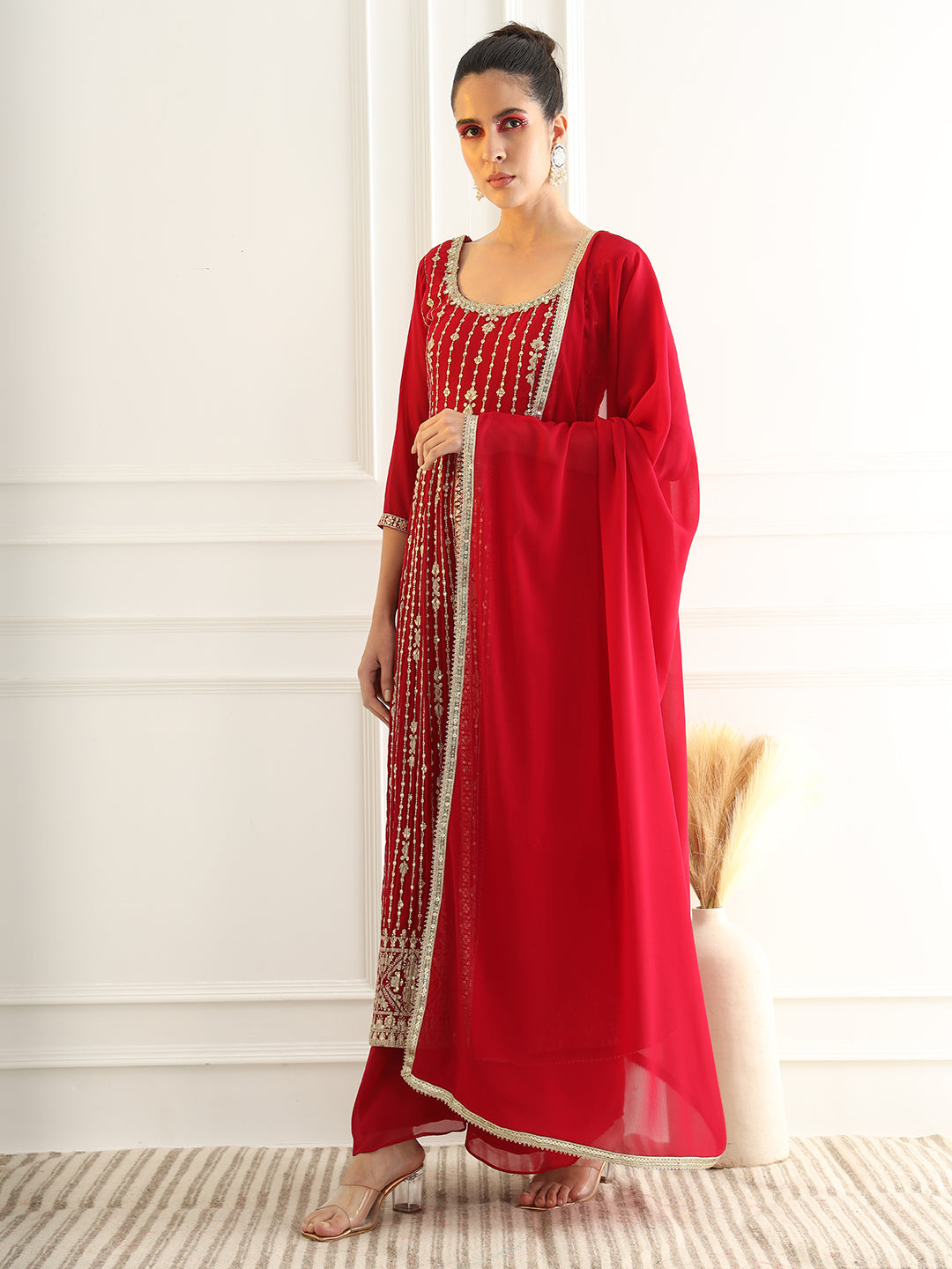 Reddish Pink High Slit Georgette Kurta Set with Zari Embroidery & Flared Palazzo