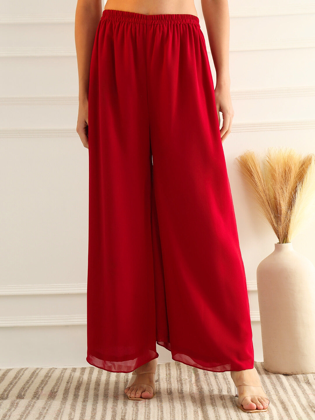 Reddish Pink High Slit Georgette Kurta Set with Zari Embroidery & Flared Palazzo