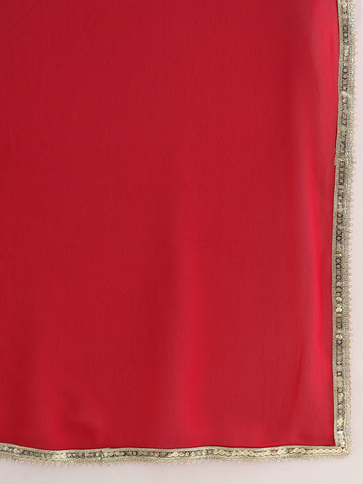Reddish Pink High Slit Georgette Kurta Set with Zari Embroidery & Flared Palazzo