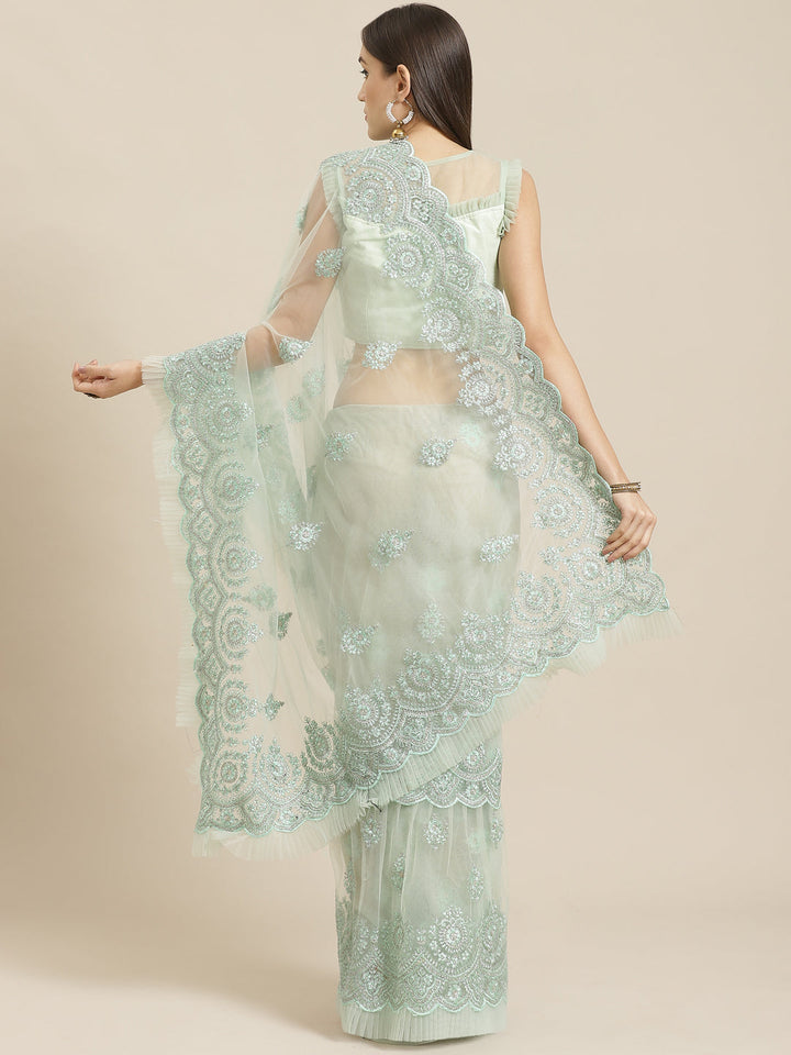 Sea Green Frills & Ruffles Net Saree with Heavy Silver Zari & Resham Embroidery