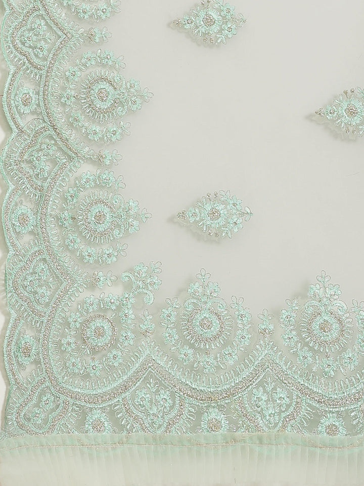 Sea Green Frills & Ruffles Net Saree with Heavy Silver Zari & Resham Embroidery