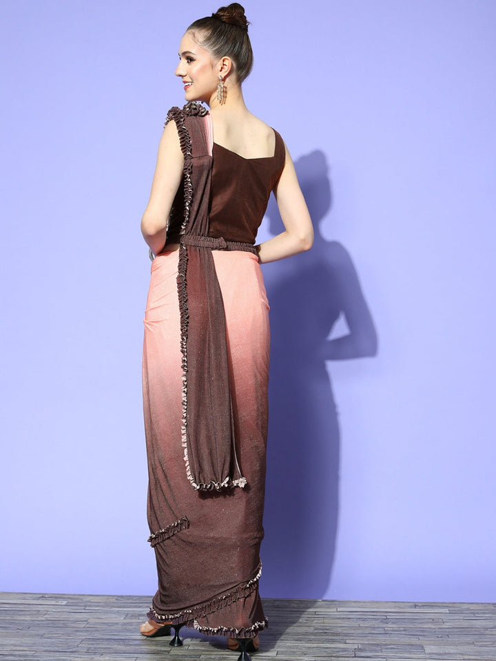 Peach Ombre Draped Pleated Saree With Mirror, Sequins Embellish Blouse