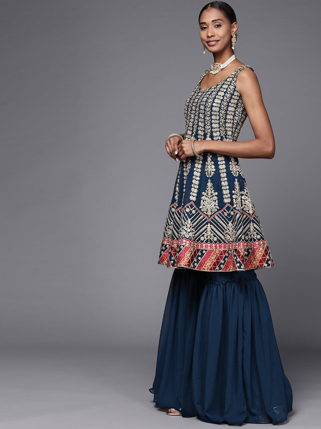 Heavy Gold Zari & Resham Work Peplum layerd Sharara Set