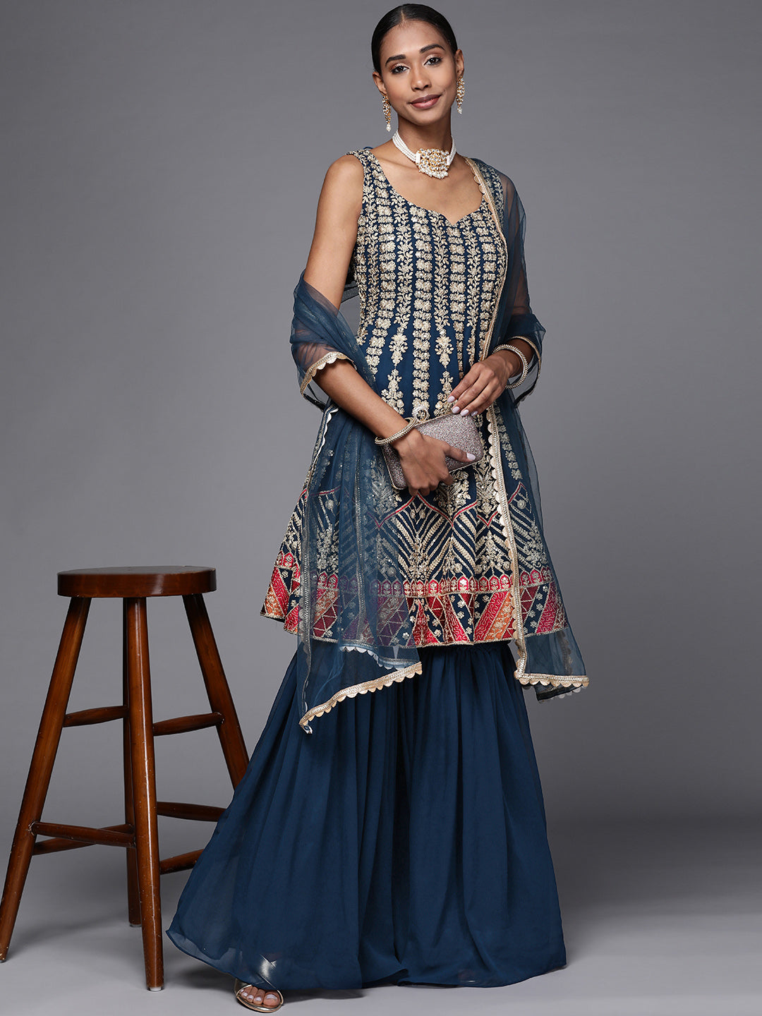 Heavy Gold Zari & Resham Work Peplum layerd Sharara Set