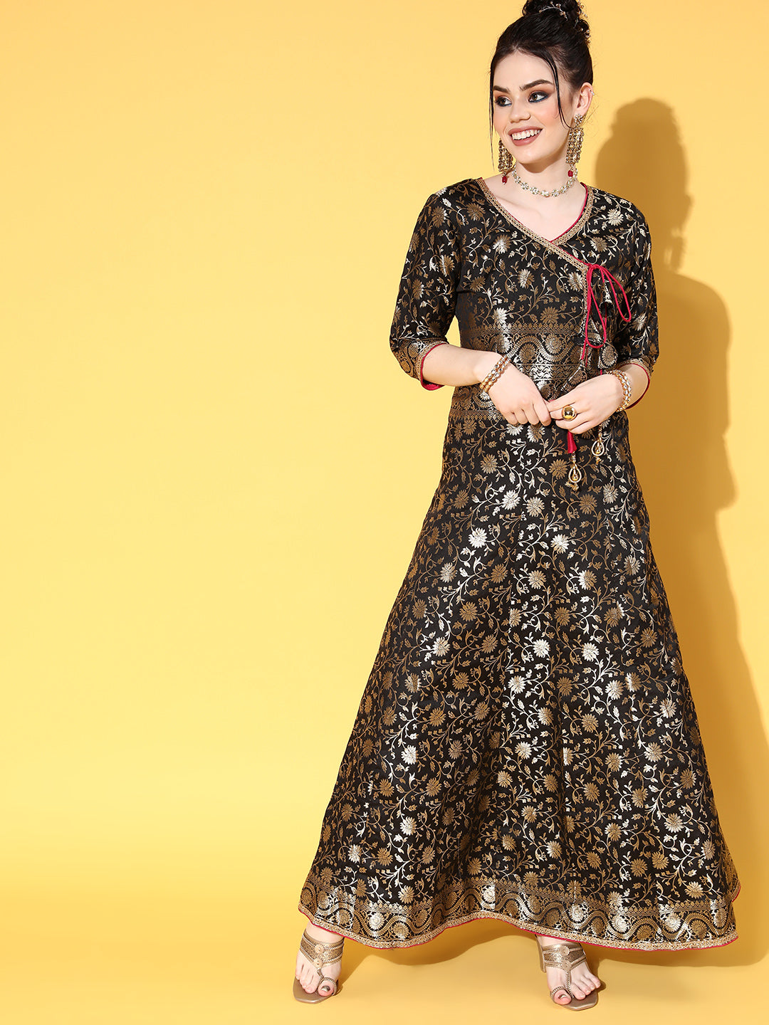 Black Banarasi Brocade Angrakha Anarkali Gown & Contrast tassels